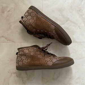 $985 Gucci Made in Italy GG Monogram Lurex Brown Leather Canvas Sneakers Size 6